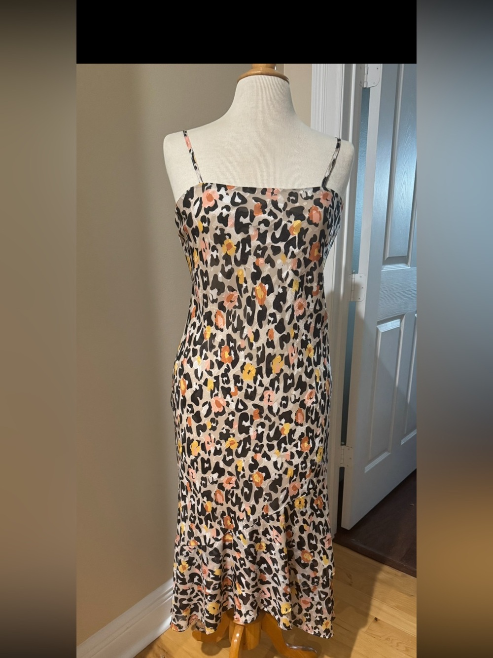 Hutch Cream Leopard Slip Midi Dress with Pink & Yellow Floral Accents